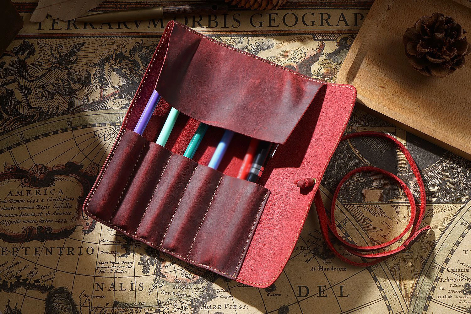 Retro Leather Pen Curtain Simple Pencil Case Roll Up Pen Curtain Makeup Brush Pouch Stationery Storage Bag School Office