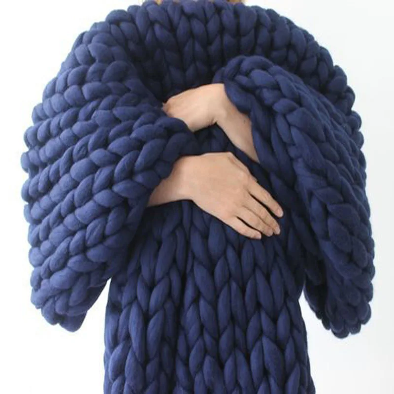 Chunky Yarn Blanket for Bed Hand Woven Sofa Throw Blankets Knitted Warm Grey Beige Air Condition Blankets Bed Sofa Decorative