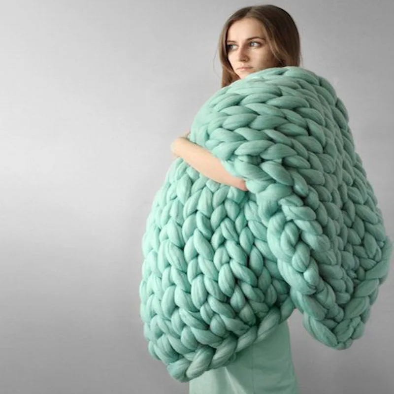 Chunky Yarn Blanket for Bed Hand Woven Sofa Throw Blankets Knitted Warm Grey Beige Air Condition Blankets Bed Sofa Decorative