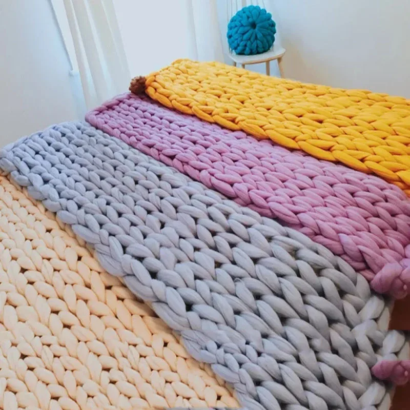 Chunky Yarn Blanket for Bed Hand Woven Sofa Throw Blankets Knitted Warm Grey Beige Air Condition Blankets Bed Sofa Decorative
