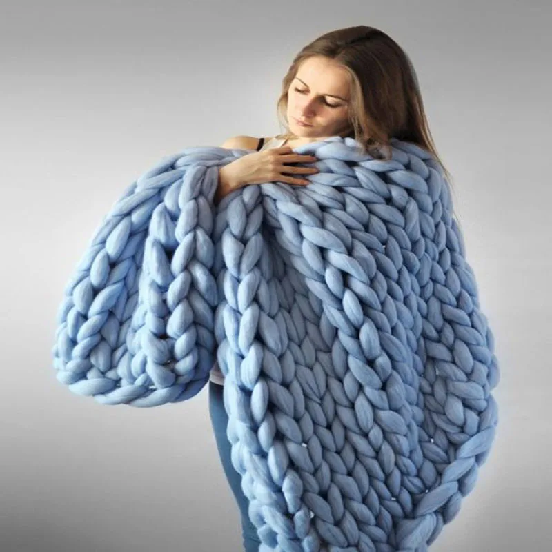 Chunky Yarn Blanket for Bed Hand Woven Sofa Throw Blankets Knitted Warm Grey Beige Air Condition Blankets Bed Sofa Decorative