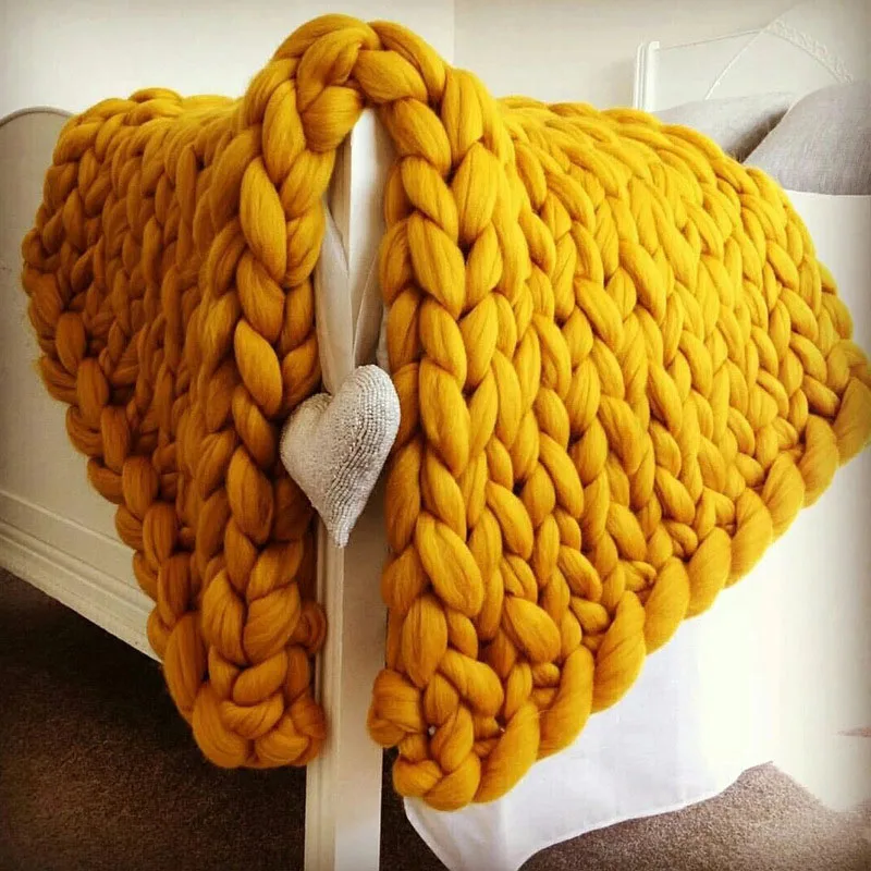 Chunky Yarn Blanket for Bed Hand Woven Sofa Throw Blankets Knitted Warm Grey Beige Air Condition Blankets Bed Sofa Decorative