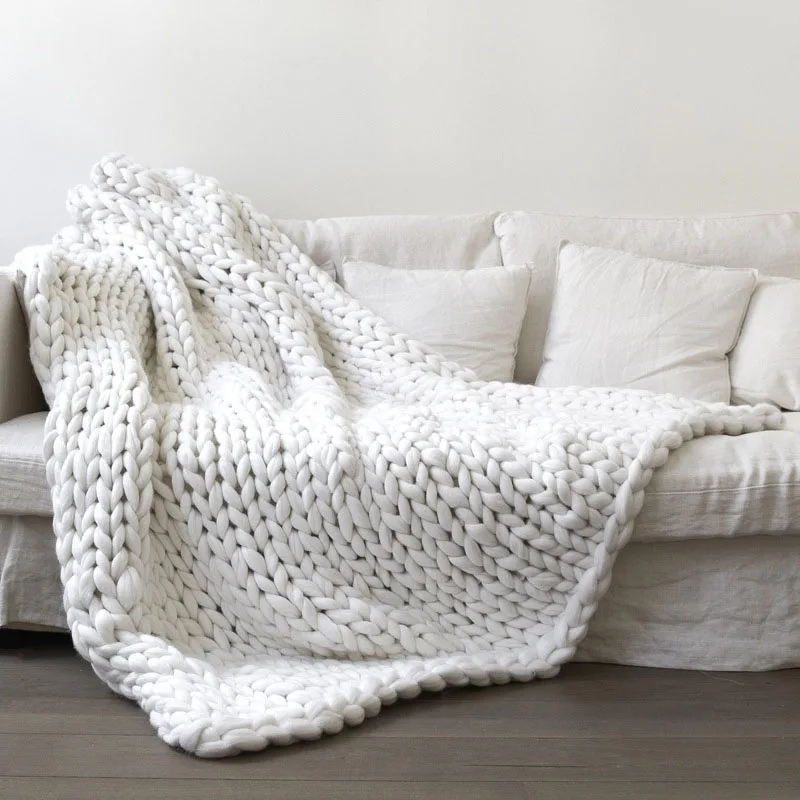 Chunky Yarn Blanket for Bed Hand Woven Sofa Throw Blankets Knitted Warm Grey Beige Air Condition Blankets Bed Sofa Decorative