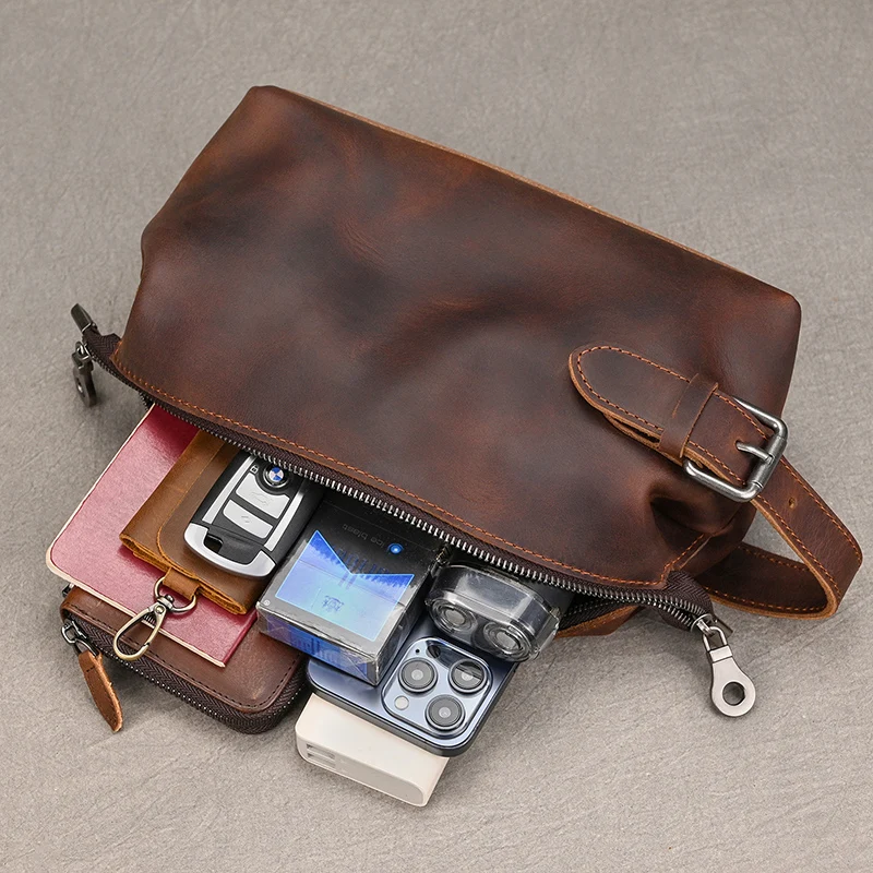Genuine Leather Clutch Purse Make Up Toiletry Bags Women Man Crazy Horse Leather Cowhide Driver Purse Cosmetic Bag Wash Bags