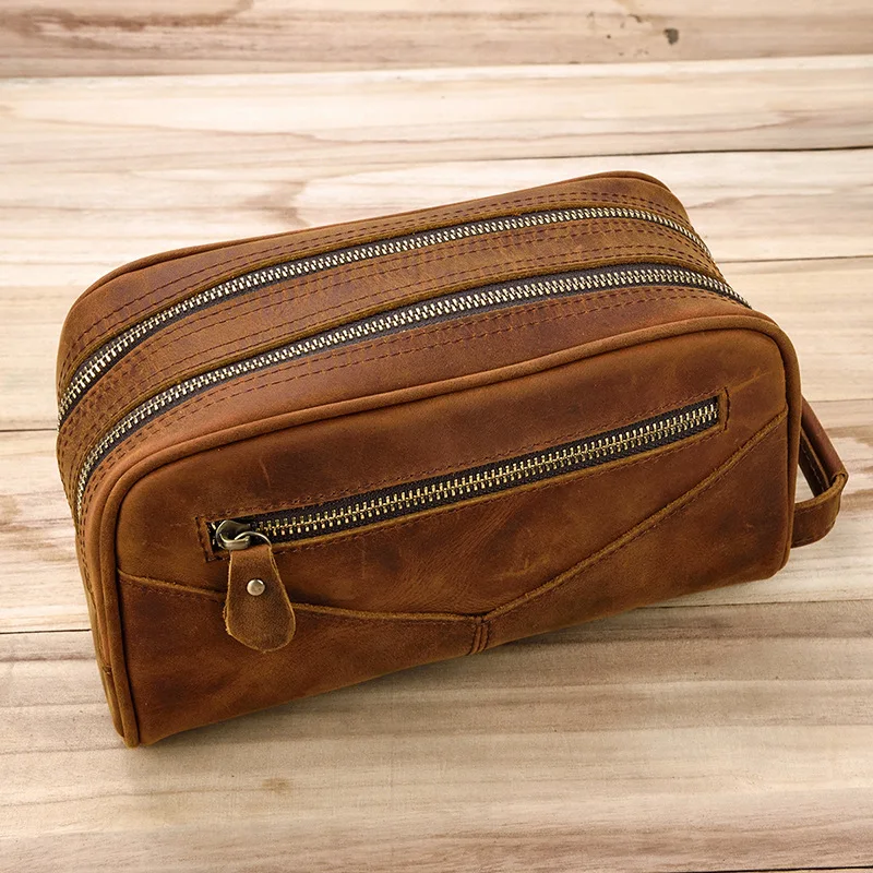 Genuine Leather Clutch Purse Make Up Toiletry Bags Women Man Crazy Horse Leather Cowhide Driver Purse Cosmetic Bag Wash Bags