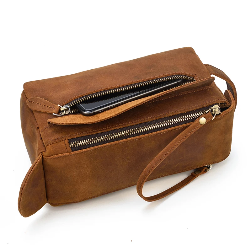Genuine Leather Clutch Purse Make Up Toiletry Bags Women Man Crazy Horse Leather Cowhide Driver Purse Cosmetic Bag Wash Bags