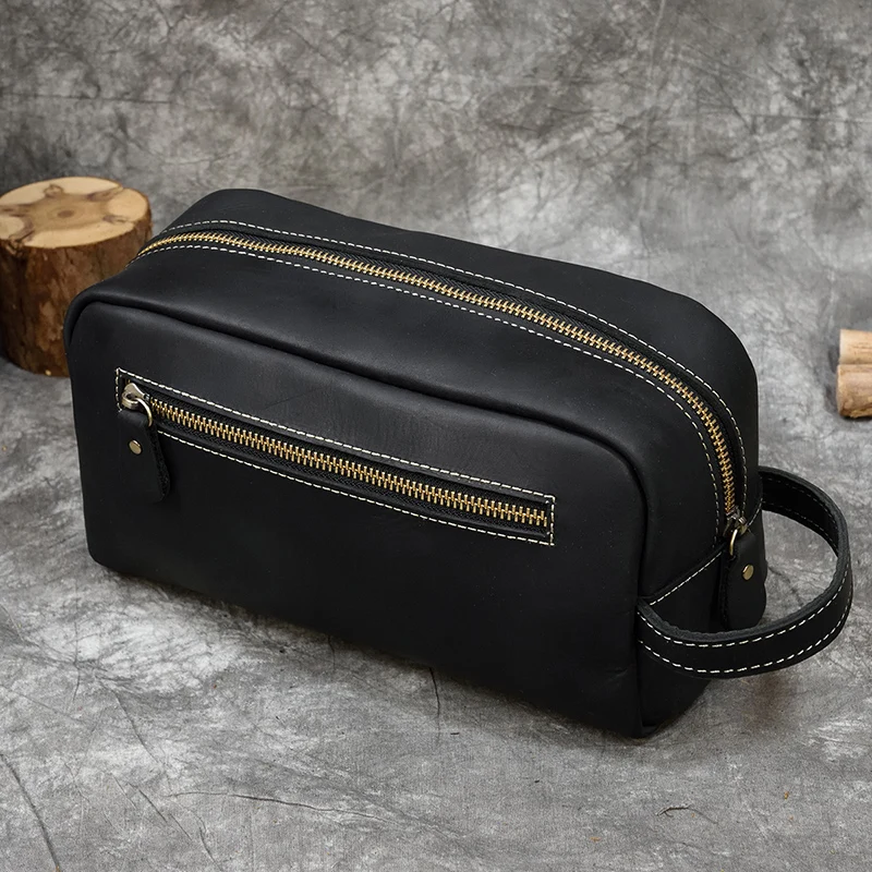 Genuine Leather Clutch Purse Make Up Toiletry Bags Women Man Crazy Horse Leather Cowhide Driver Purse Cosmetic Bag Wash Bags