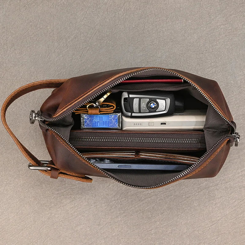 Genuine Leather Clutch Purse Make Up Toiletry Bags Women Man Crazy Horse Leather Cowhide Driver Purse Cosmetic Bag Wash Bags