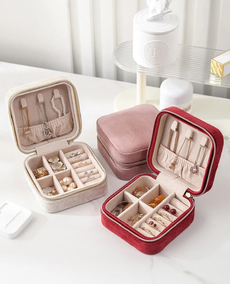 Plush Velvet Jewelry Box For Women Necklace Ring Earrings Organizer Holder Travel Portable Zipper Square Jewelry Storage Case