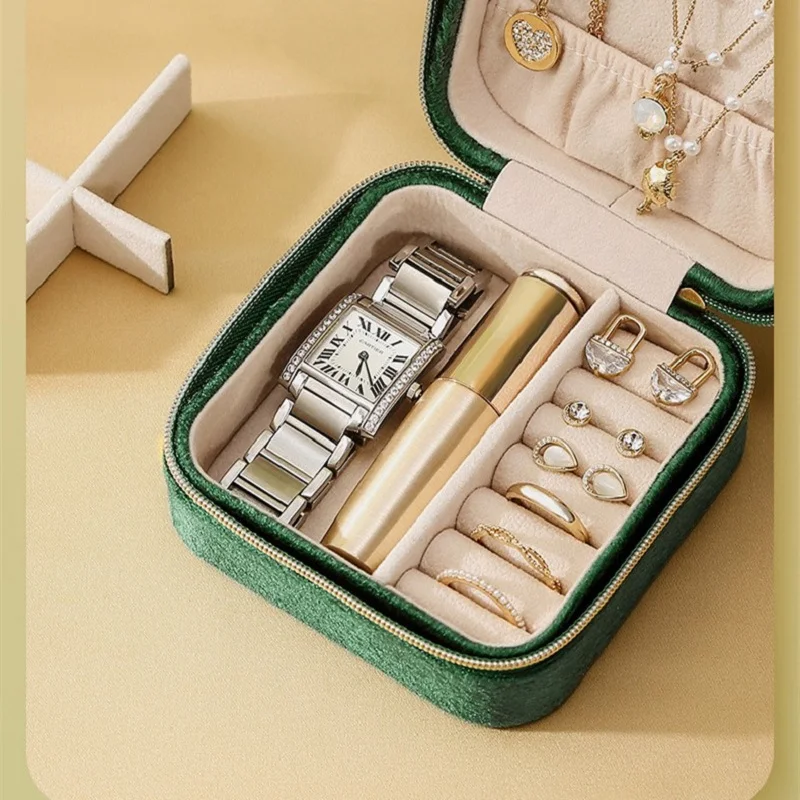Plush Velvet Jewelry Box For Women Necklace Ring Earrings Organizer Holder Travel Portable Zipper Square Jewelry Storage Case