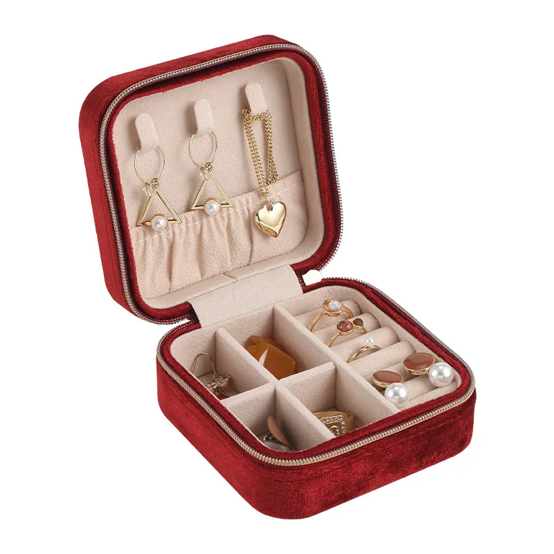 Plush Velvet Jewelry Box For Women Necklace Ring Earrings Organizer Holder Travel Portable Zipper Square Jewelry Storage Case