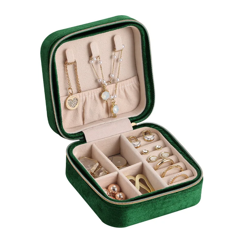 Plush Velvet Jewelry Box For Women Necklace Ring Earrings Organizer Holder Travel Portable Zipper Square Jewelry Storage Case