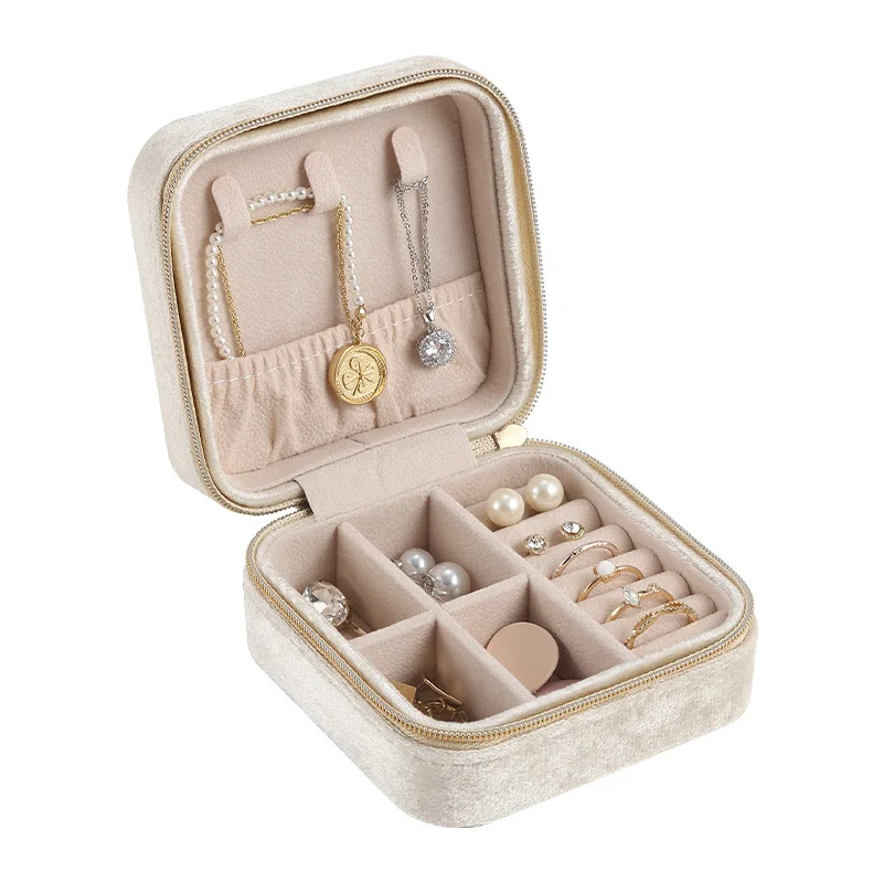 Plush Velvet Jewelry Box For Women Necklace Ring Earrings Organizer Holder Travel Portable Zipper Square Jewelry Storage Case