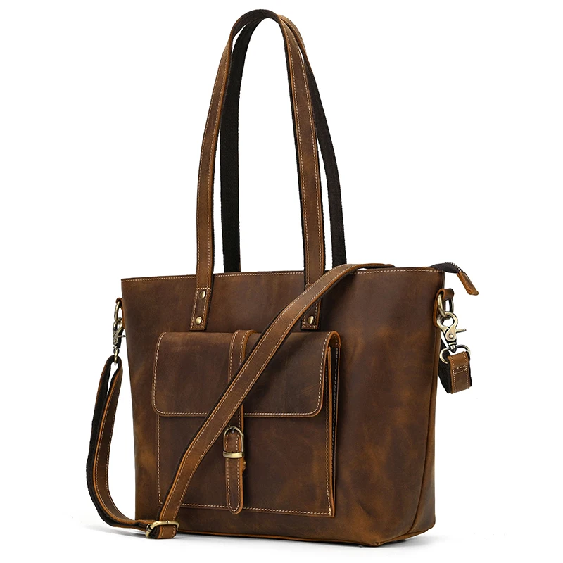 Luufan Genuine Leather Women‘s Tote Big Capacity Daily Business Handbag 14 inch PC Bag Female Large Travel Shoulder Message Bag