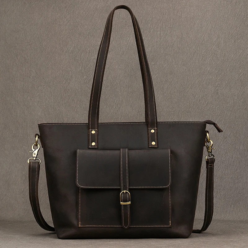 Luufan Genuine Leather Women‘s Tote Big Capacity Daily Business Handbag 14 inch PC Bag Female Large Travel Shoulder Message Bag