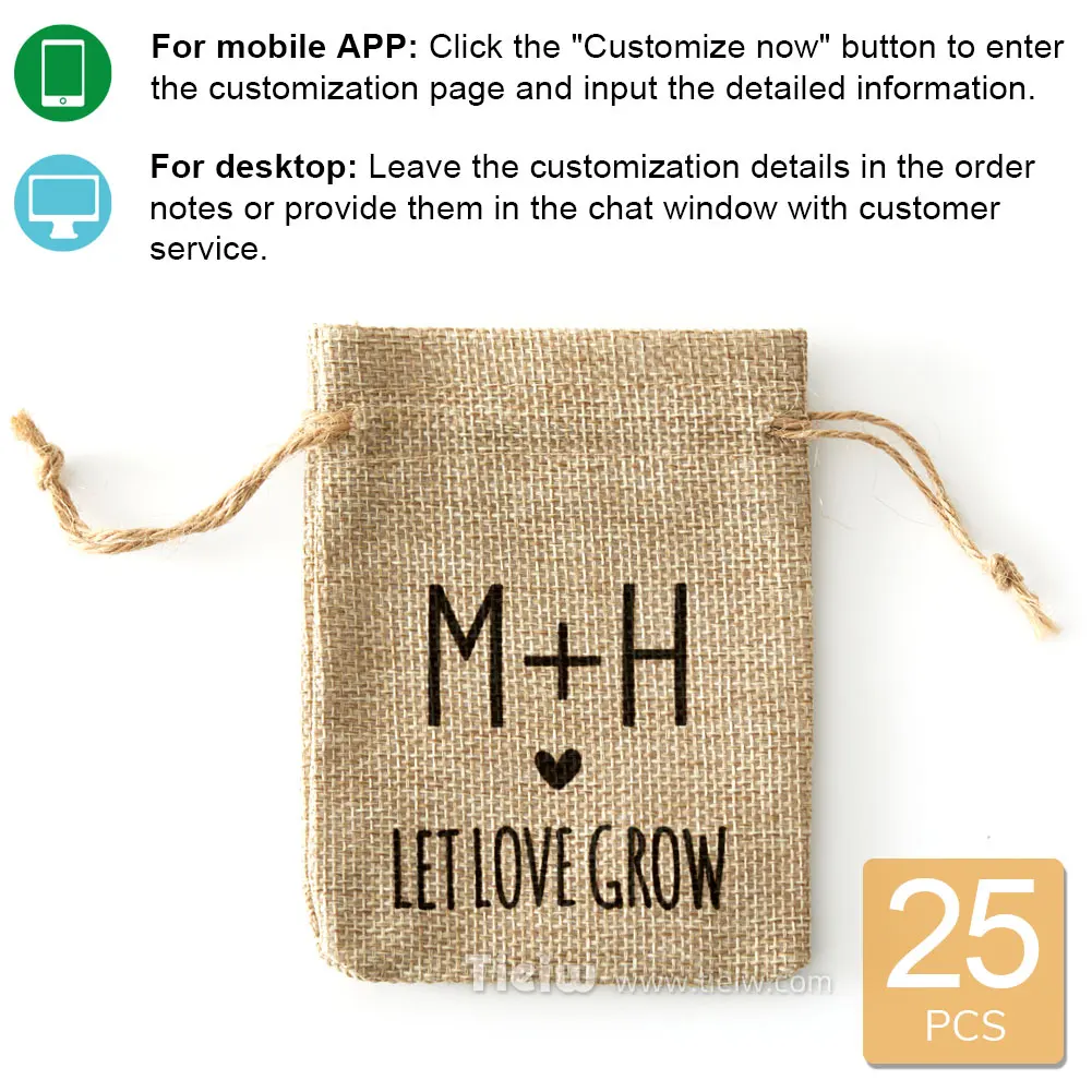 25PCS-Personalized Burlap Wedding Favor Bags with Let Love Grow Gift Pouches for Weddings Parties Events-Guest seeds favor bag