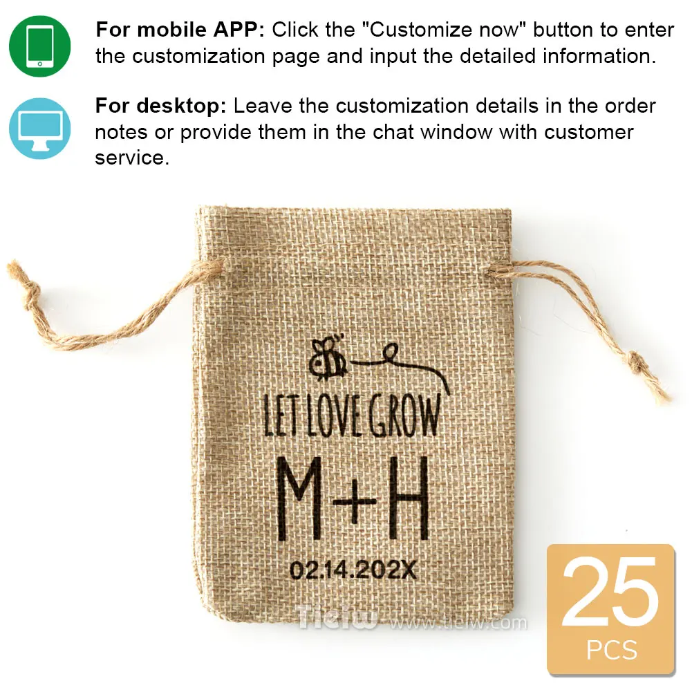 25PCS-Personalized Burlap Wedding Favor Bags with Let Love Grow Gift Pouches for Weddings Parties Events-Guest seeds favor bag