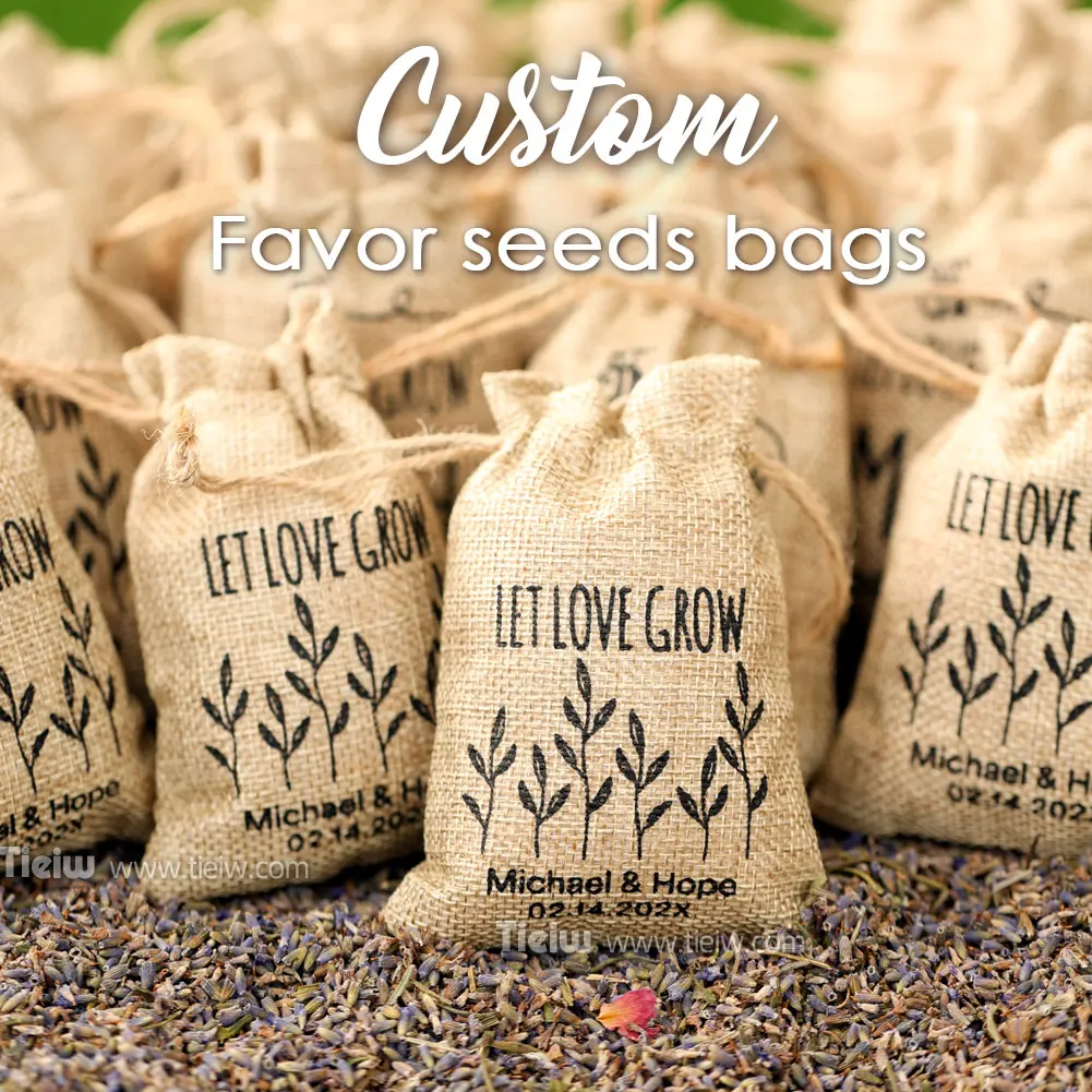 25PCS-Personalized Burlap Wedding Favor Bags with Let Love Grow Gift Pouches for Weddings Parties Events-Guest seeds favor bag