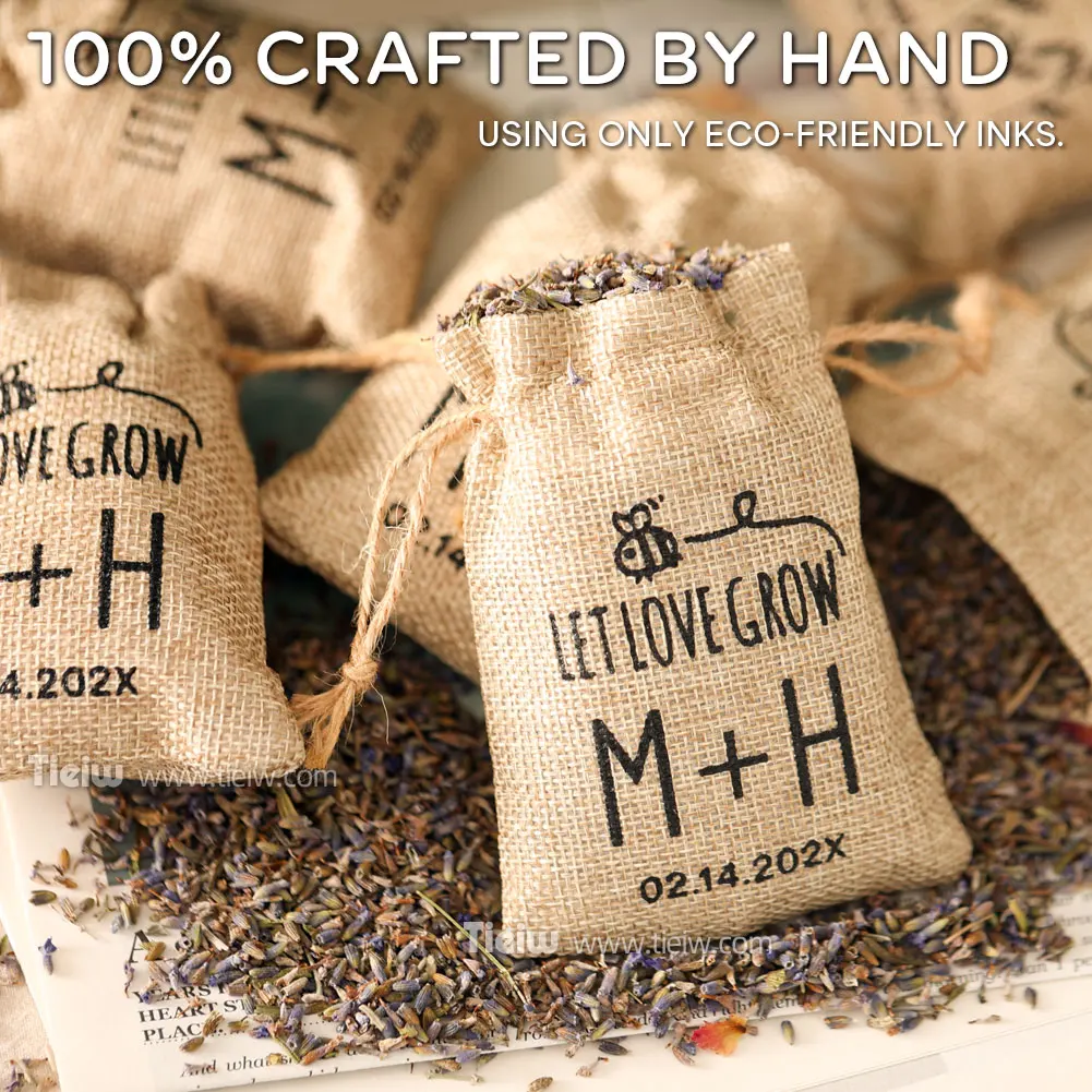 25PCS-Personalized Burlap Wedding Favor Bags with Let Love Grow Gift Pouches for Weddings Parties Events-Guest seeds favor bag