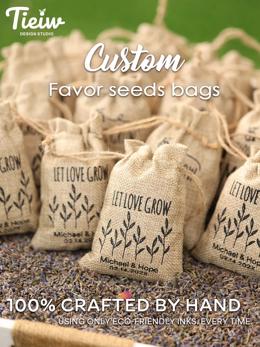 25PCS-Personalized Burlap Wedding Favor Bags with Let Love Grow Gift Pouches for Weddings Parties Events-Guest seeds favor bag