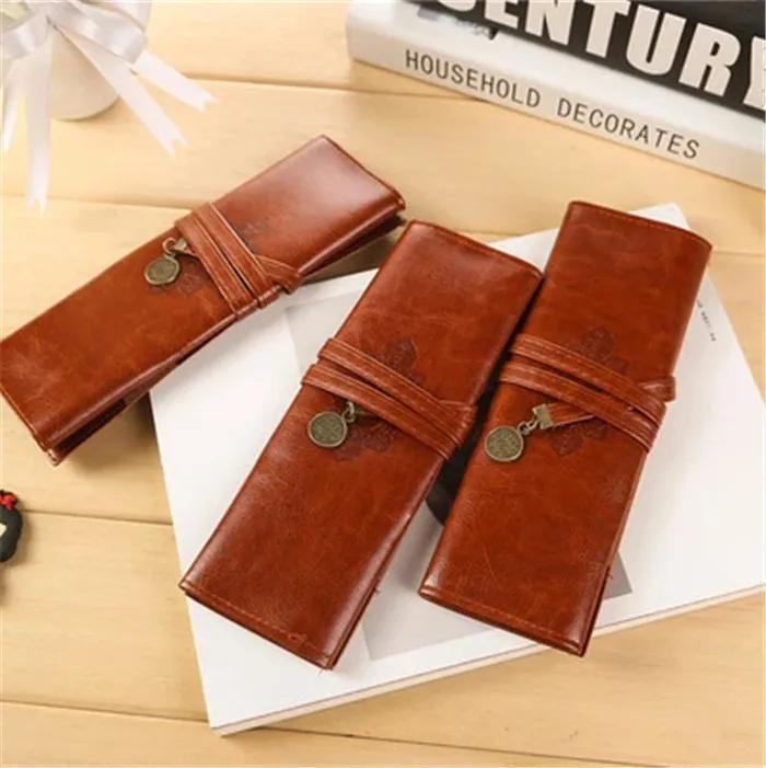 Fashion Vintage Roll PU Leather Pencil Case Twilight Pen Pouch Student Stationery Gift Woman Cosmetic Storage Bag Pencilcase