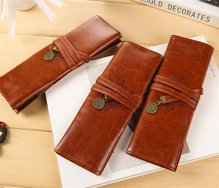 Fashion Vintage Roll PU Leather Pencil Case Twilight Pen Pouch Student Stationery Gift Woman Cosmetic Storage Bag Pencilcase