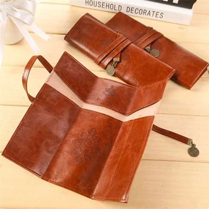 Fashion Vintage Roll PU Leather Pencil Case Twilight Pen Pouch Student Stationery Gift Woman Cosmetic Storage Bag Pencilcase