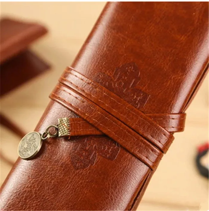 Fashion Vintage Roll PU Leather Pencil Case Twilight Pen Pouch Student Stationery Gift Woman Cosmetic Storage Bag Pencilcase