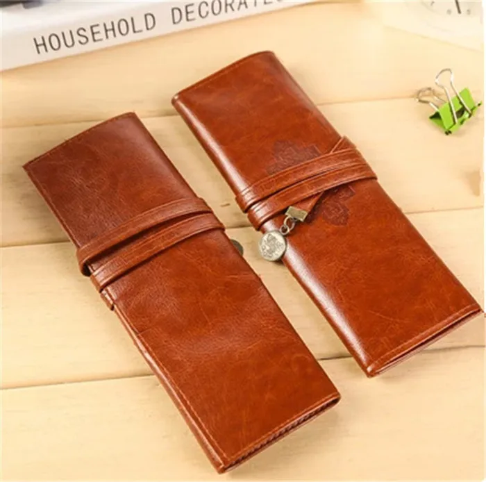 Fashion Vintage Roll PU Leather Pencil Case Twilight Pen Pouch Student Stationery Gift Woman Cosmetic Storage Bag Pencilcase