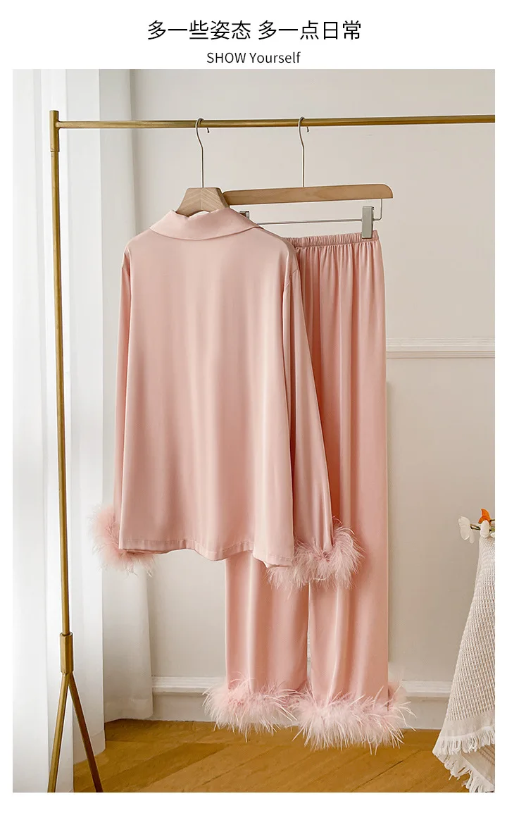 Spring Autumn Female Pajamas Trouser Set Luxury Feather Pink Bride Wedding Sleepwear Gift Sexy Loose Satin Home Wear Loungewear