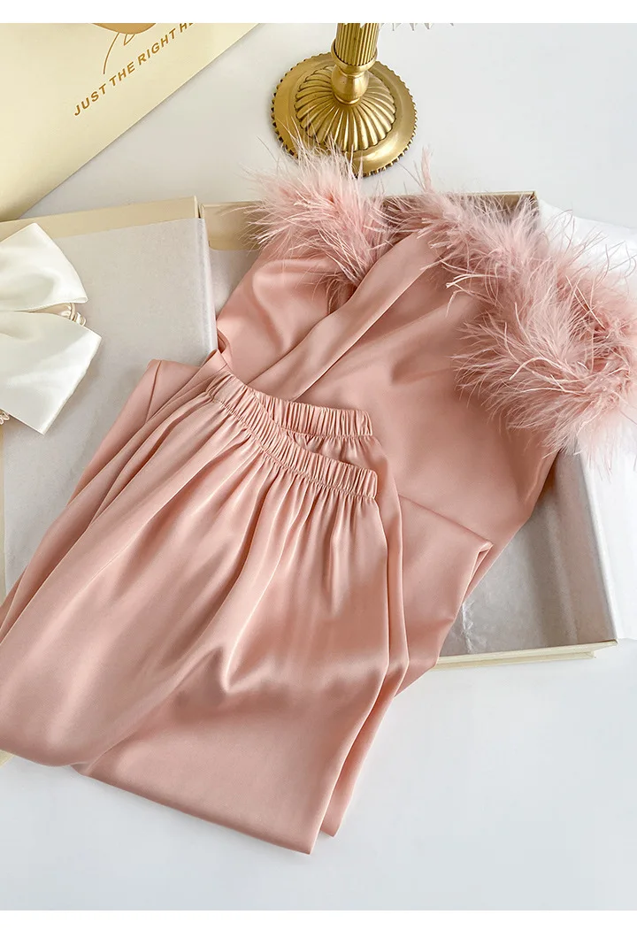 Spring Autumn Female Pajamas Trouser Set Luxury Feather Pink Bride Wedding Sleepwear Gift Sexy Loose Satin Home Wear Loungewear