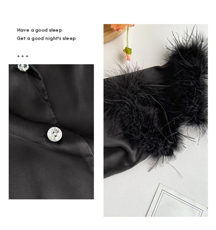 Spring Autumn Female Pajamas Trouser Set Luxury Feather Pink Bride Wedding Sleepwear Gift Sexy Loose Satin Home Wear Loungewear