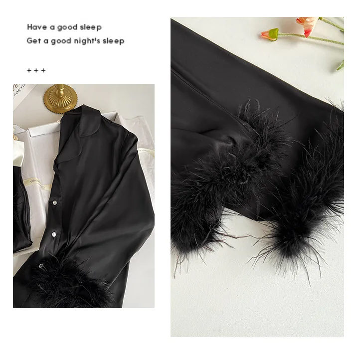 Spring Autumn Female Pajamas Trouser Set Luxury Feather Pink Bride Wedding Sleepwear Gift Sexy Loose Satin Home Wear Loungewear