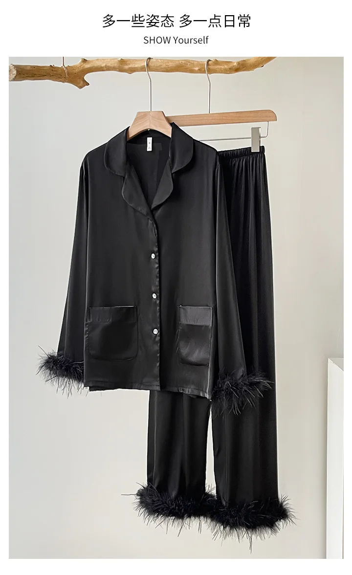 Spring Autumn Female Pajamas Trouser Set Luxury Feather Pink Bride Wedding Sleepwear Gift Sexy Loose Satin Home Wear Loungewear