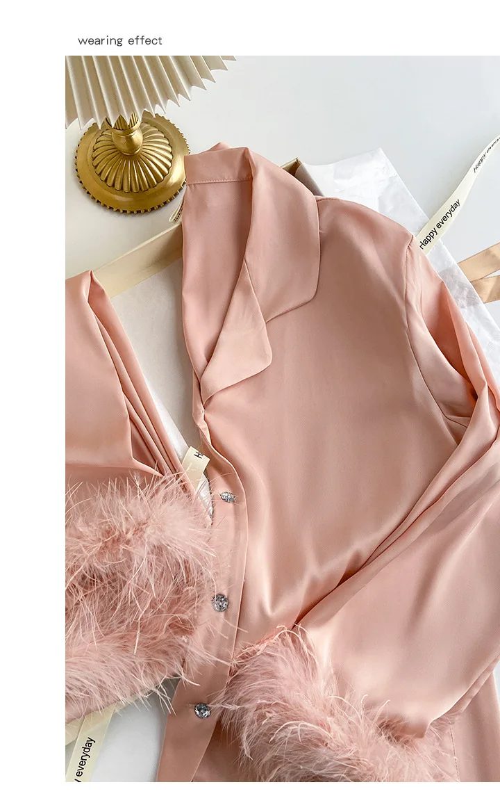 Spring Autumn Female Pajamas Trouser Set Luxury Feather Pink Bride Wedding Sleepwear Gift Sexy Loose Satin Home Wear Loungewear