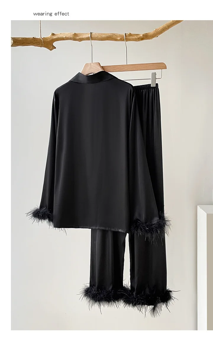 Spring Autumn Female Pajamas Trouser Set Luxury Feather Pink Bride Wedding Sleepwear Gift Sexy Loose Satin Home Wear Loungewear