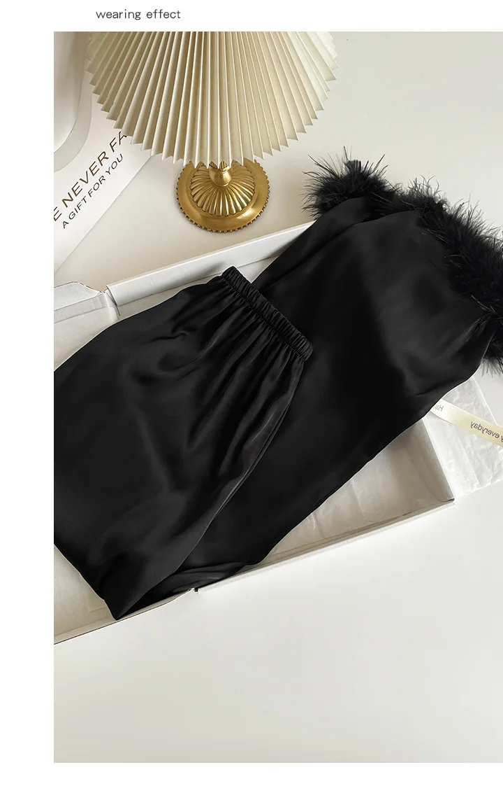 Spring Autumn Female Pajamas Trouser Set Luxury Feather Pink Bride Wedding Sleepwear Gift Sexy Loose Satin Home Wear Loungewear