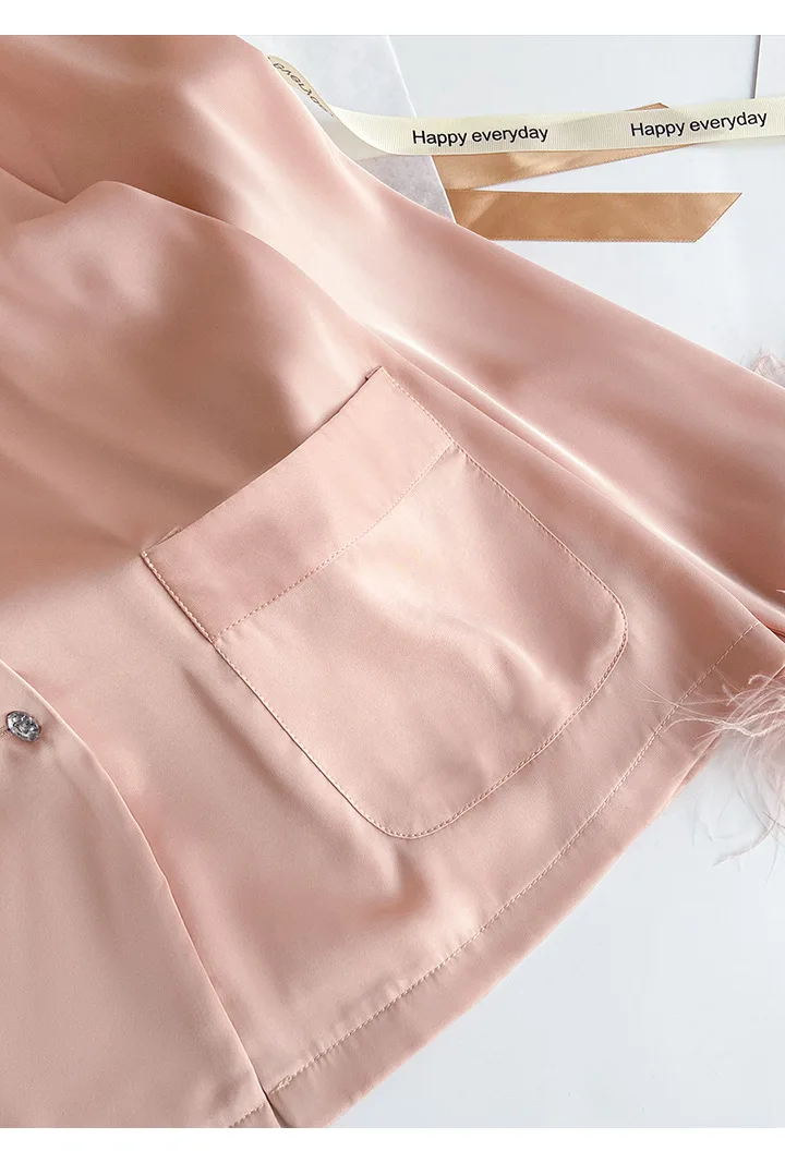 Spring Autumn Female Pajamas Trouser Set Luxury Feather Pink Bride Wedding Sleepwear Gift Sexy Loose Satin Home Wear Loungewear
