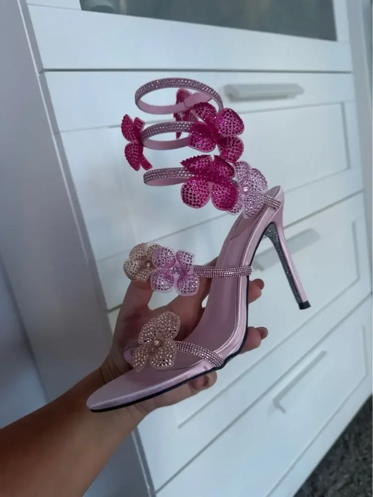 Aneikeh Sexy CRYSTAL Flower Narrow Band Ankle Strap Sandals Woman Thin High Heels Street Style Pole Dancing Ladies Shoes