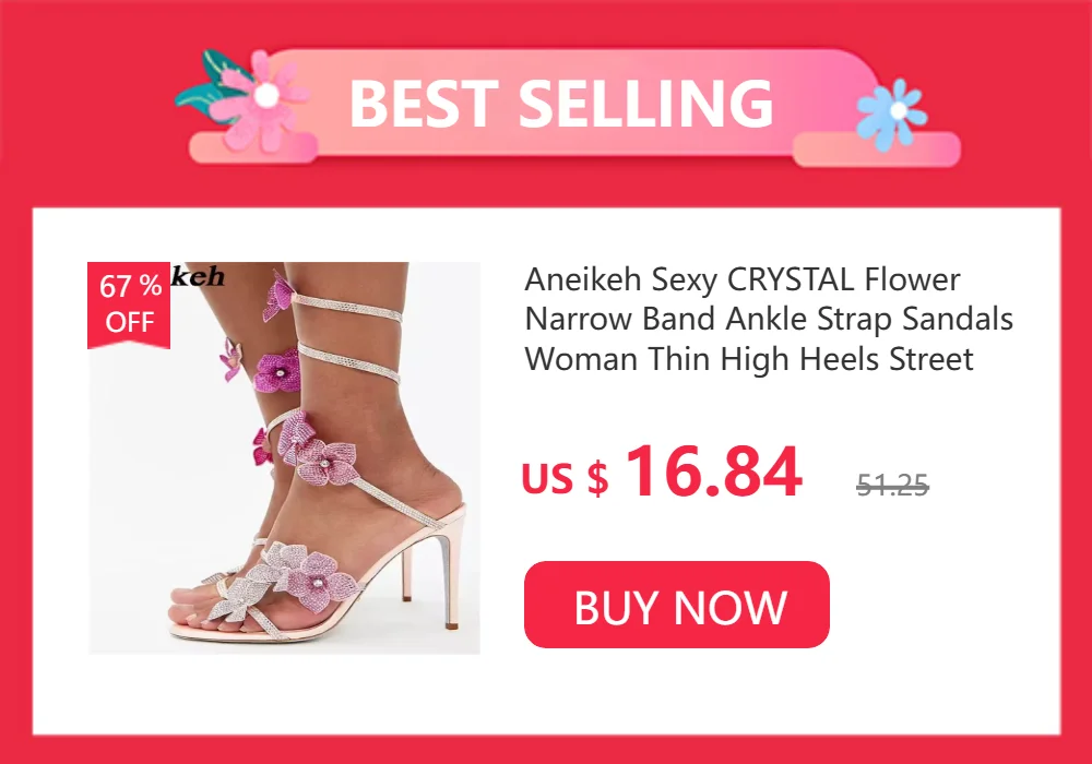 Aneikeh Sexy CRYSTAL Flower Narrow Band Ankle Strap Sandals Woman Thin High Heels Street Style Pole Dancing Ladies Shoes