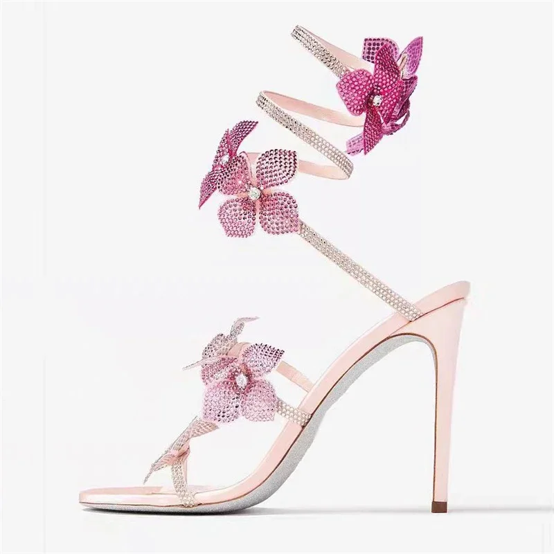 Aneikeh Sexy CRYSTAL Flower Narrow Band Ankle Strap Sandals Woman Thin High Heels Street Style Pole Dancing Ladies Shoes