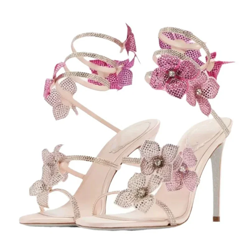 Aneikeh Sexy CRYSTAL Flower Narrow Band Ankle Strap Sandals Woman Thin High Heels Street Style Pole Dancing Ladies Shoes