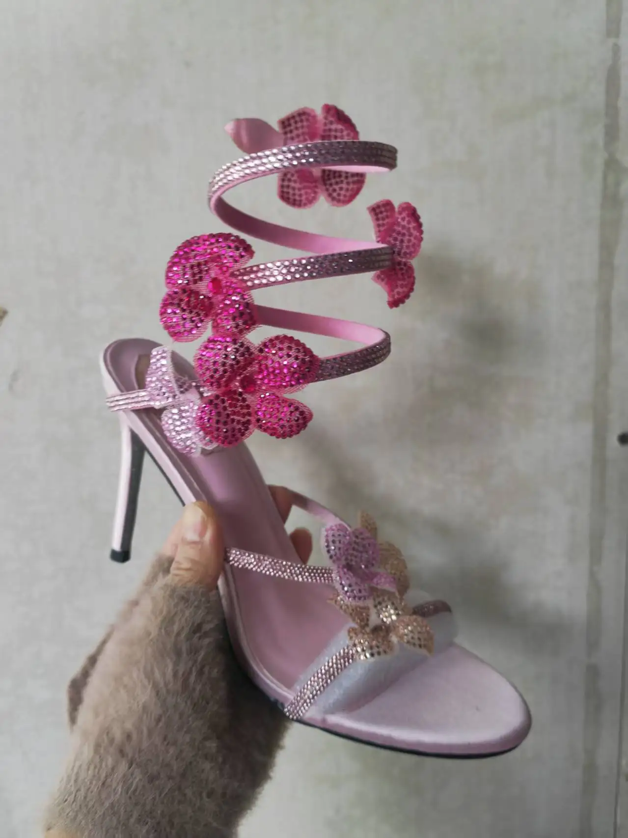 Aneikeh Sexy CRYSTAL Flower Narrow Band Ankle Strap Sandals Woman Thin High Heels Street Style Pole Dancing Ladies Shoes