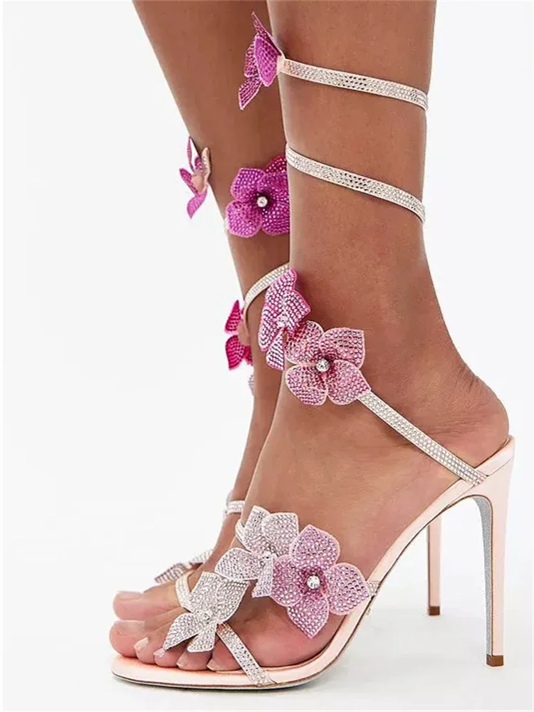 Aneikeh Sexy CRYSTAL Flower Narrow Band Ankle Strap Sandals Woman Thin High Heels Street Style Pole Dancing Ladies Shoes