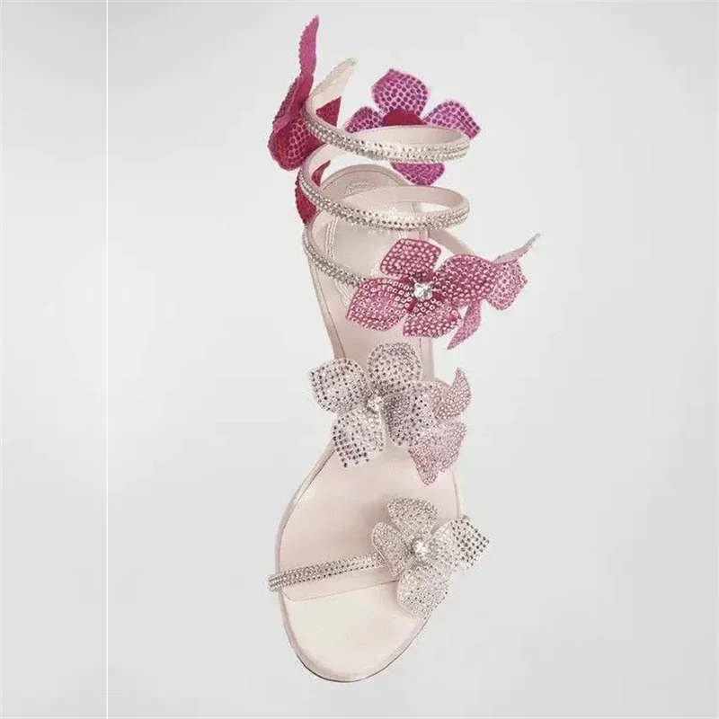 Aneikeh Sexy CRYSTAL Flower Narrow Band Ankle Strap Sandals Woman Thin High Heels Street Style Pole Dancing Ladies Shoes