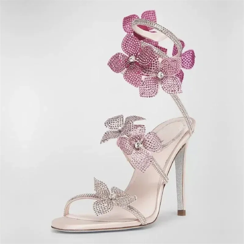 Aneikeh Sexy CRYSTAL Flower Narrow Band Ankle Strap Sandals Woman Thin High Heels Street Style Pole Dancing Ladies Shoes