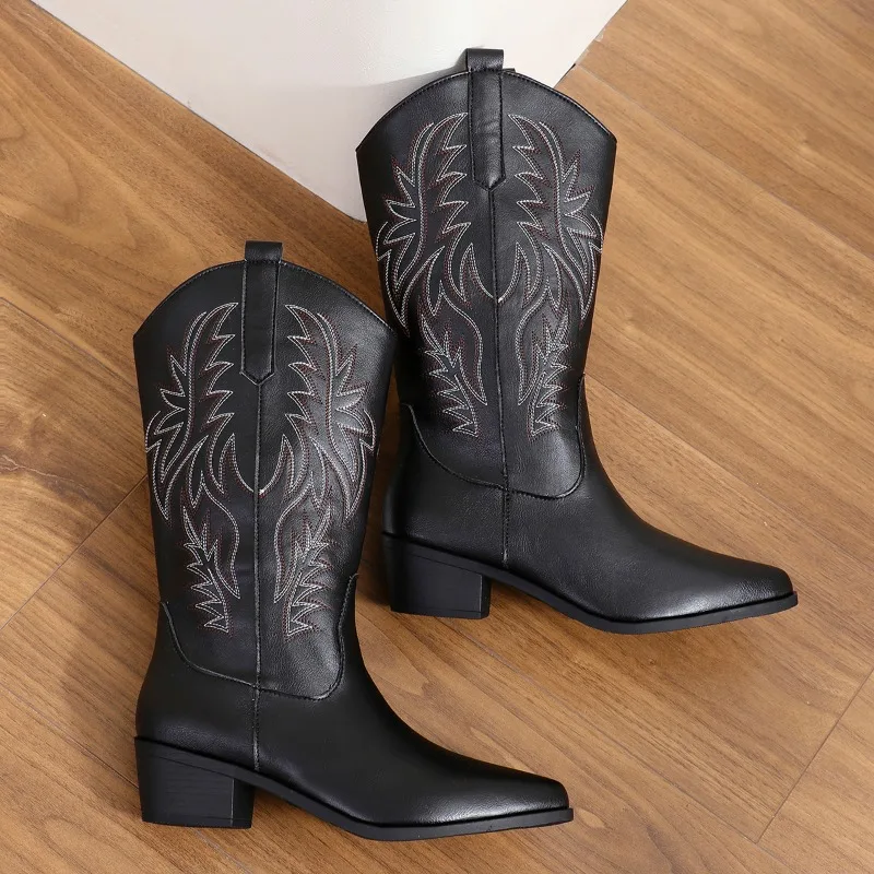 Western Women Boots 2024 Autumn Winter Fashion Chunky Heeled Cowboy Boots Vintage Style Country Western Cowgirl High Heels Boots