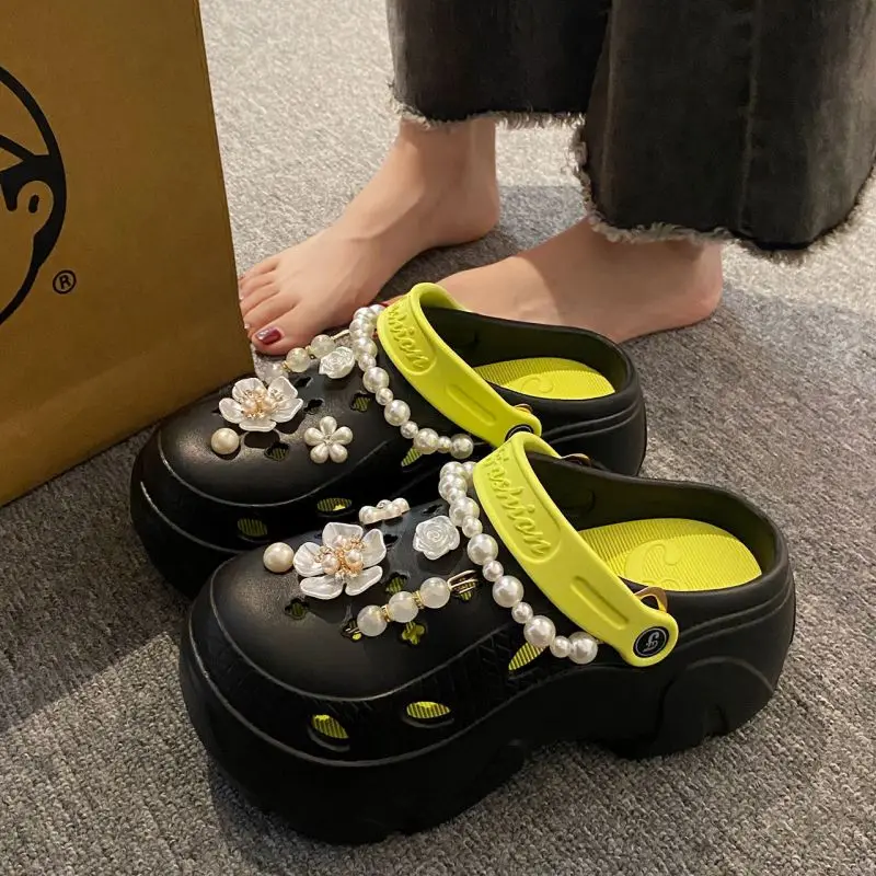 Pearl Chain Chunky Platform Sandals for Women 2024 Summer Thick Sole Beach Sandals Woman Flowers Non Slip EVA Clogs Garden Shoes