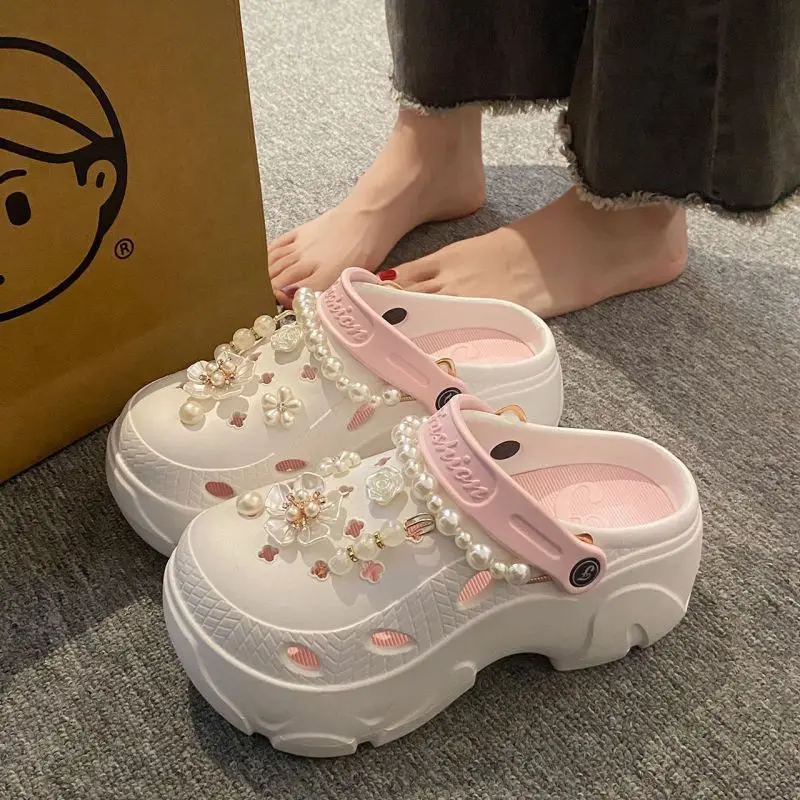 Pearl Chain Chunky Platform Sandals for Women 2024 Summer Thick Sole Beach Sandals Woman Flowers Non Slip EVA Clogs Garden Shoes