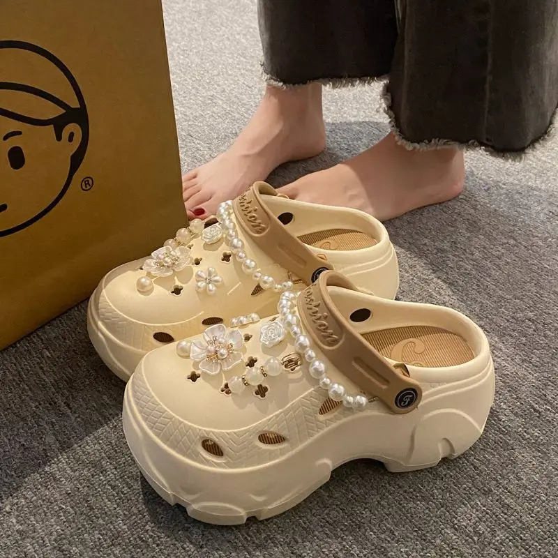 Pearl Chain Chunky Platform Sandals for Women 2024 Summer Thick Sole Beach Sandals Woman Flowers Non Slip EVA Clogs Garden Shoes